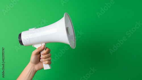 Hand holding megaphone on green background. Making announcement. empty copy space on the side. Generative AI.