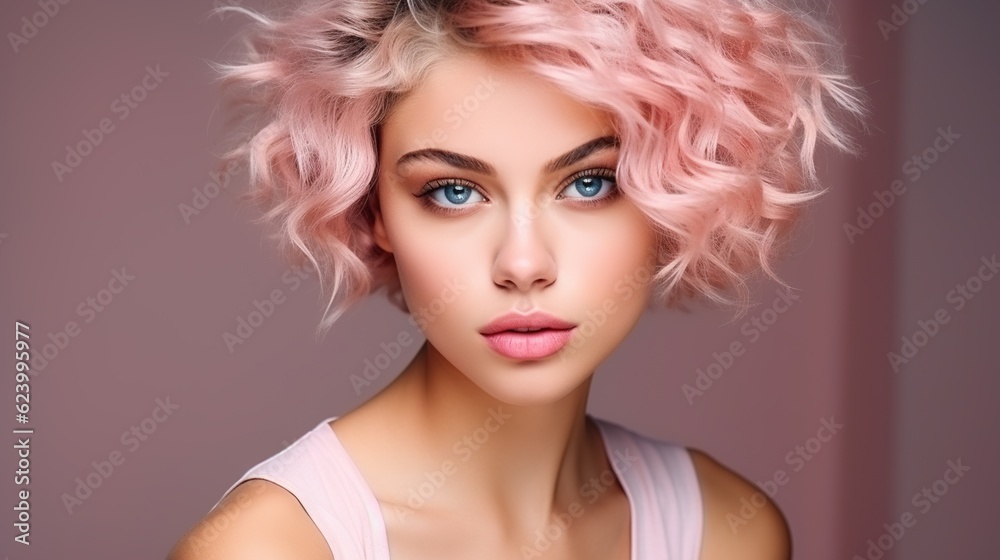 Beautiful model girl with short hair. Beauty woman with blonde curly hairstyle dye. Fashion, cosmetics and makeup with generative ai
