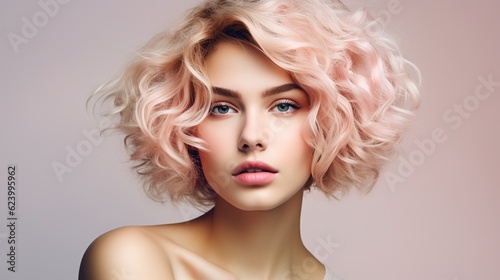 Beautiful model girl with short hair. Beauty woman with blonde curly hairstyle dye. Fashion, cosmetics and makeup with generative ai