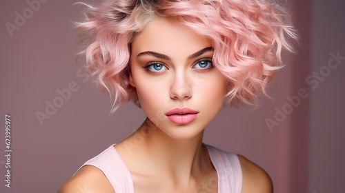 Beautiful model girl with short hair. Beauty woman with blonde curly hairstyle dye. Fashion, cosmetics and makeup with generative ai