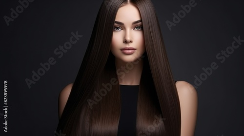 Beautiful model woman with shiny and straight long hair with generative ai