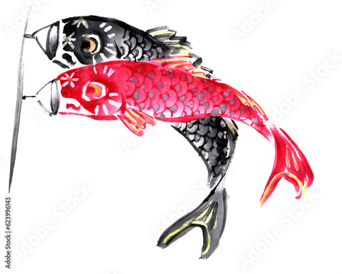水墨画技法で描いた鯉のぼりペア