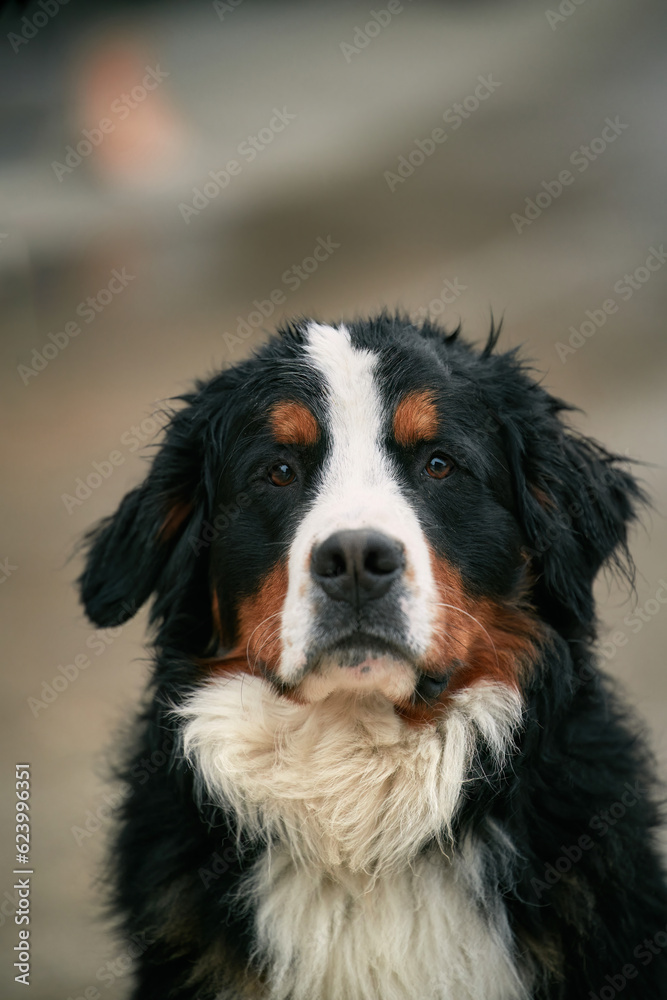 Adorable Young Bernese Mountain Dog in the Swiss Alps. Bernese Mountain Dog.