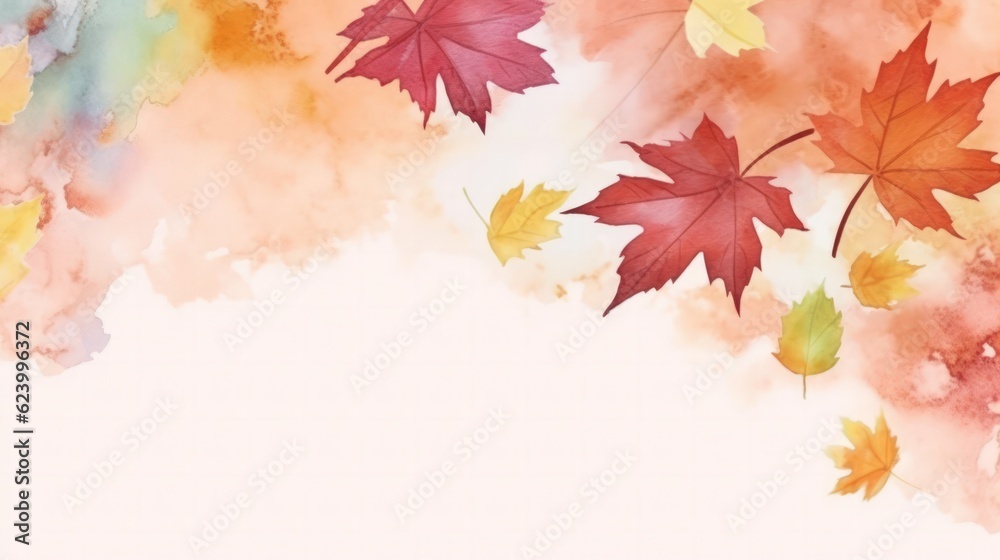 Illustration watercolor art autumn background with maple leaves, Generative AI Illustration watercolor art autumn background with maple leaves, Generative AI