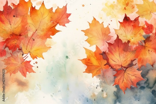 Illustration watercolor art autumn background with maple leaves  Generative AI
