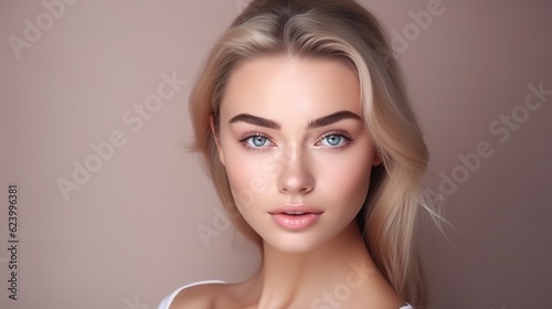 Beautiful woman with flawless skin. A sweet and expressive girl pointing to the side. Introducing your product. Facial expressions that are expressive. Cosmetology , beauty and spa . Face care