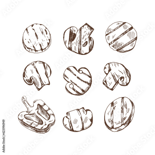 A set of hand-drawn sketches of champignons, grilled zucchini and  bell peppers. For the design of the menu of restaurants and cafes, steaks. Vintage doodle illustration. The engraved image.