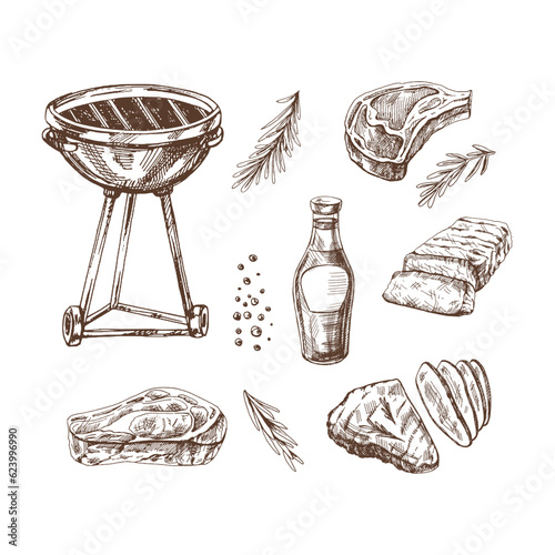 A set of hand-drawn sketches of barbecue elements. For the design of the menu of restaurants and cafes, grilled food. Doodle vintage illustration. Engraved image.