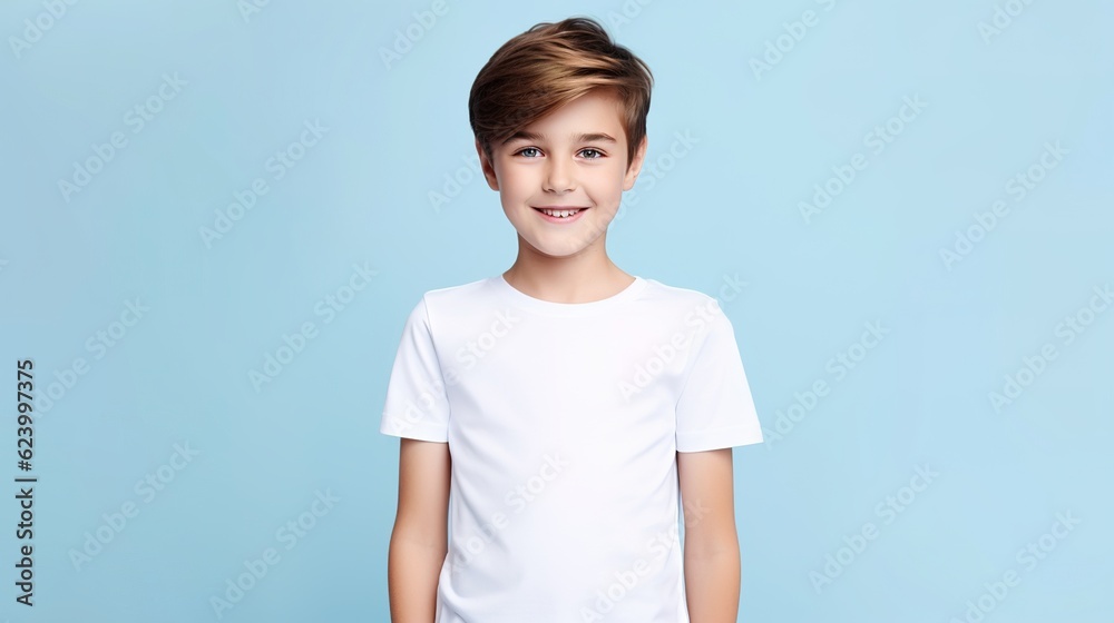 Cute smiling boy in plain white t shirt looking at camera in isolated studio light blue color background with generative ai
