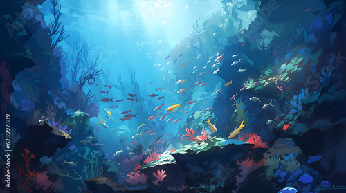 underwater scene with reef oil paint