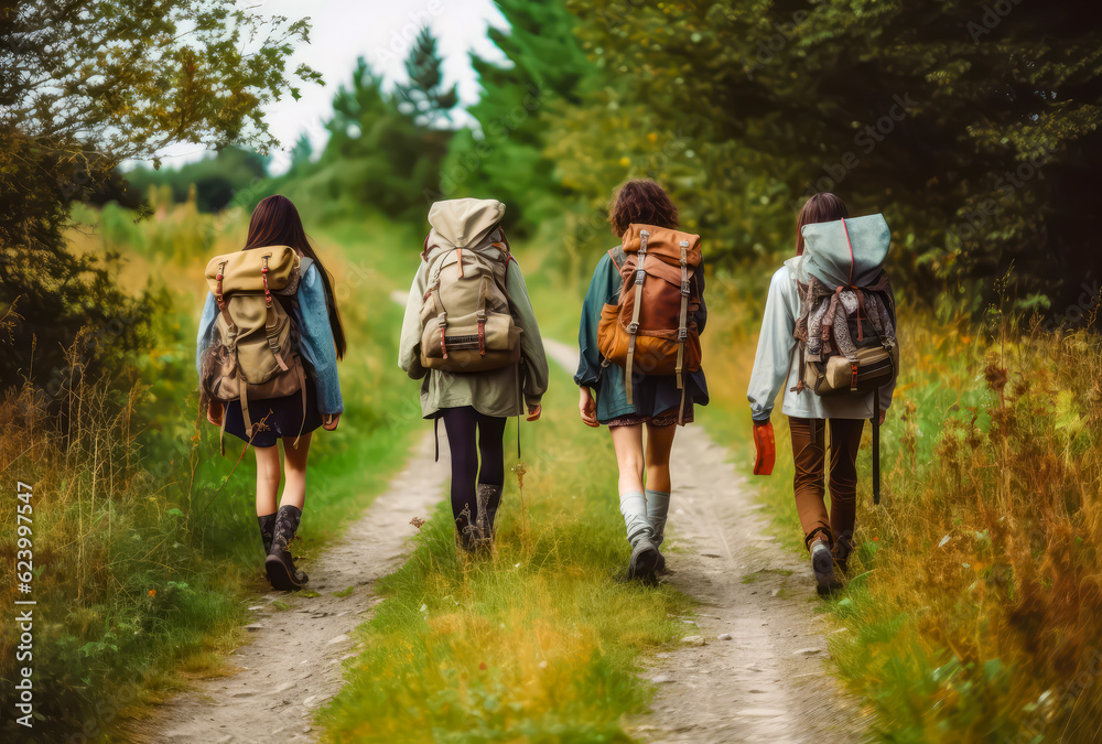 Obraz premium group of friends walking on a path in the forest with backpacks