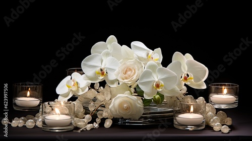 A close-up of a glamorous wedding table centerpiece, featuring cascading orchids, crystal accents, and flickering candles. Wedding background. Glamor wedding card. Generative AI. 