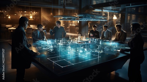 Engineers meeting in technology research laboratory: Engineers, Scientists and Developers gathered around illuminated conference table. Inspecting industrial market with generative ai