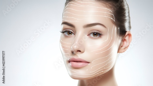 Face lift anti-aging treatment - Asian woman portrait with graphic lines showing facial lifting effect on skin. isolated on white with generative ai photo
