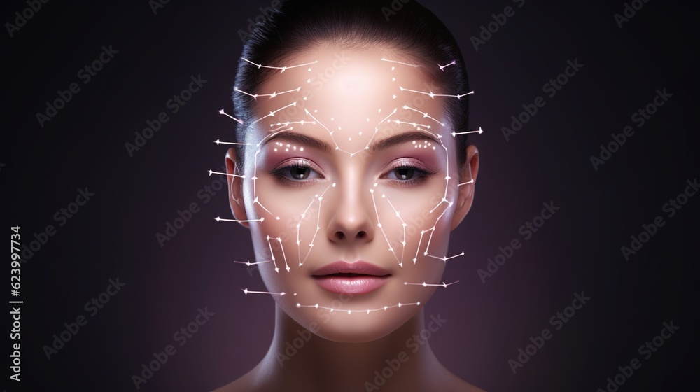 Lifting lines, advertising of face contour correction, female face skin