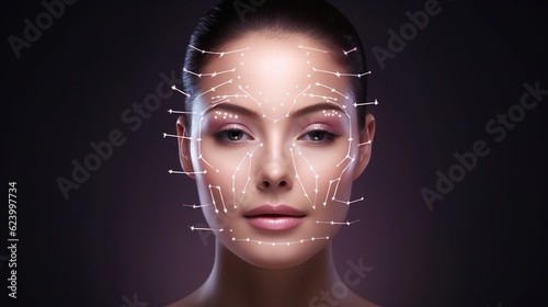 Lifting lines, advertising of face contour correction, female face skin lifting. Facial rejuvenation concept, cosmetology with generative ai