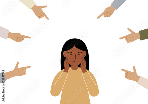 The concept of public condemnation, victim blaming and bullying. Crying depressed girl. The fingers point at the character and hate him. Internet cyberbullying.