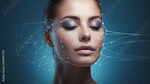 Lifting lines, advertising of face contour correction, female face skin lifting. Facial rejuvenation concept, cosmetology with generative ai photo