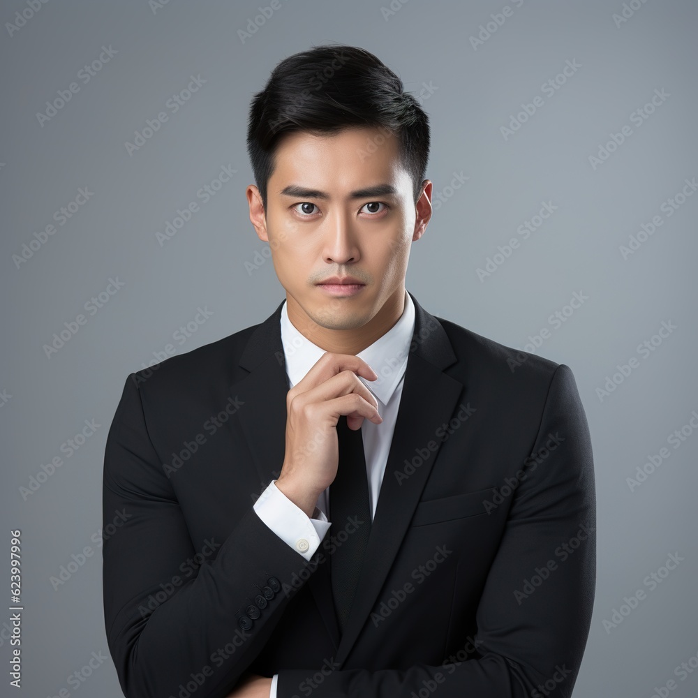 smart handsome Asian man in corporate wear touching face with generative ai smart handsome Asian man in corporate wear touching face with generative ai