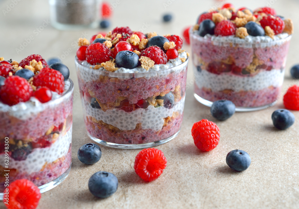 Chia pudding parfait with berries