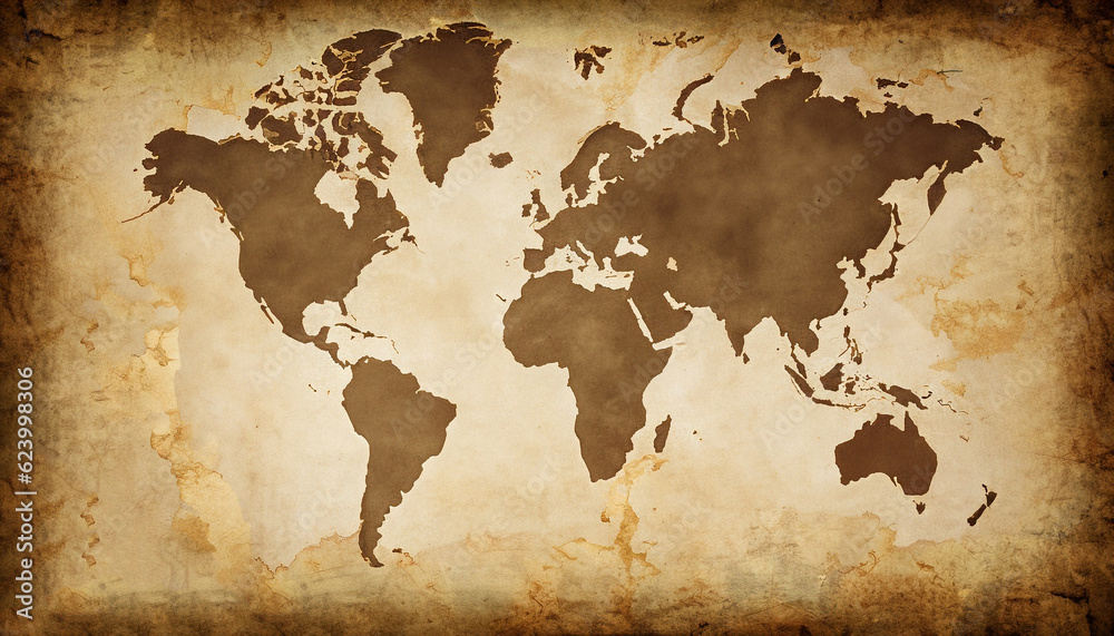 Vintage world map on old parchment paper texture