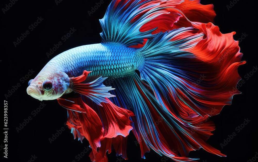 Side view full body of beautiful red tail and fin Siamese betta fighting fish isolated on black background.  Colorful beautiful fish.