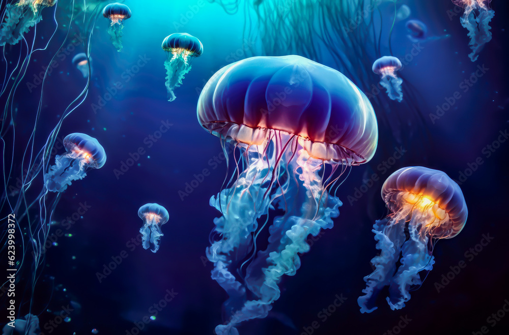 jellyfish swimming in water, dark background