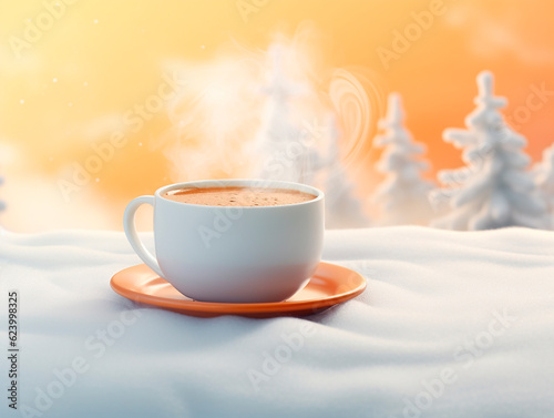 Cup of coffee in the winter forest. 3d rendering.AI Generated