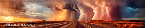 Many types of storms and inclement weather in a large picture  in a big road in desert