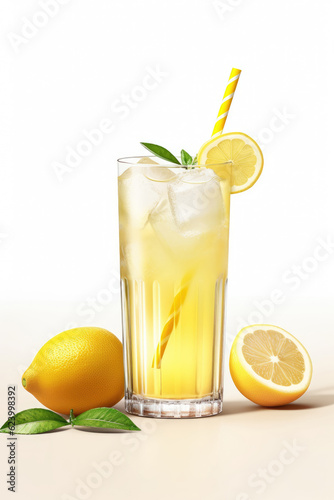 Front view of fresh lemon juice in a glass with straw and natural lemons. Refreshing natural lemon drink for summer. Generative AI