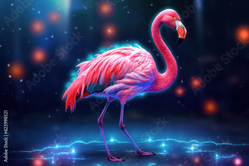 pink flamingo on a blue background. bright graceful bird. illustration glows with lights. generative ai, generative, ai