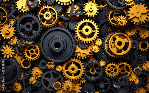 many yellow gears on dark background