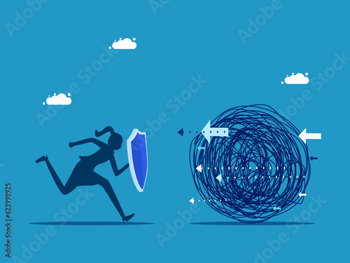 Fight the problem. woman running with a shield to prevent chaos vector