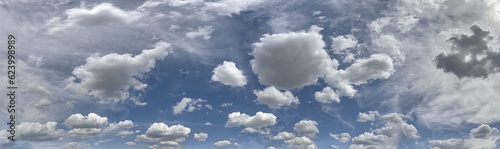 beautiful view of blue sky with fluffy clouds. panoramic view in sunny summer day.