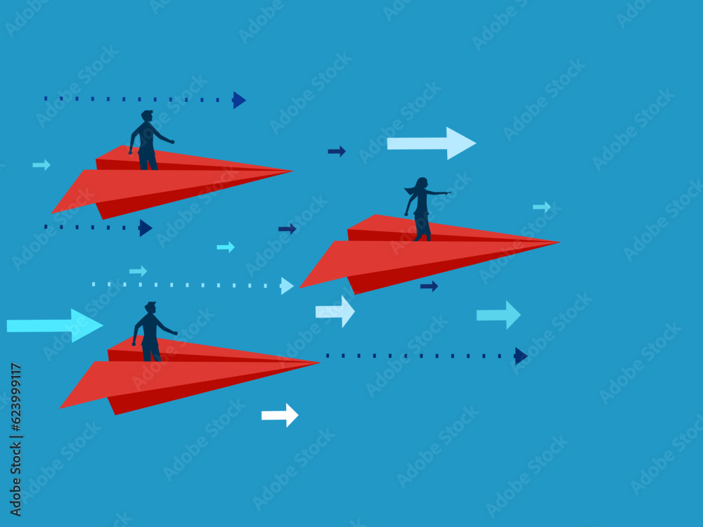 Business success leader. woman pointing direction on a paper plane. vector