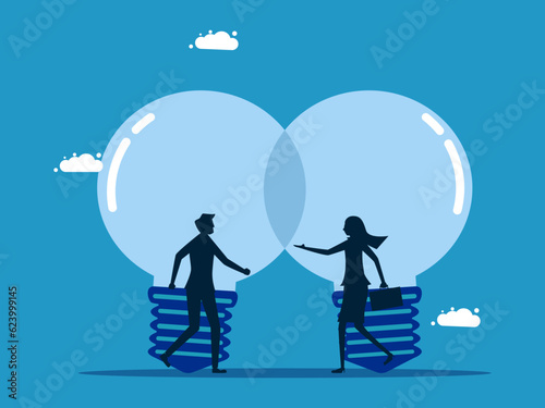 Cooperation. Business people negotiate cooperate under two light bulbs. vector