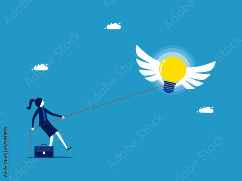 Businesswoman using a rope to hold a light bulb from escaping vector