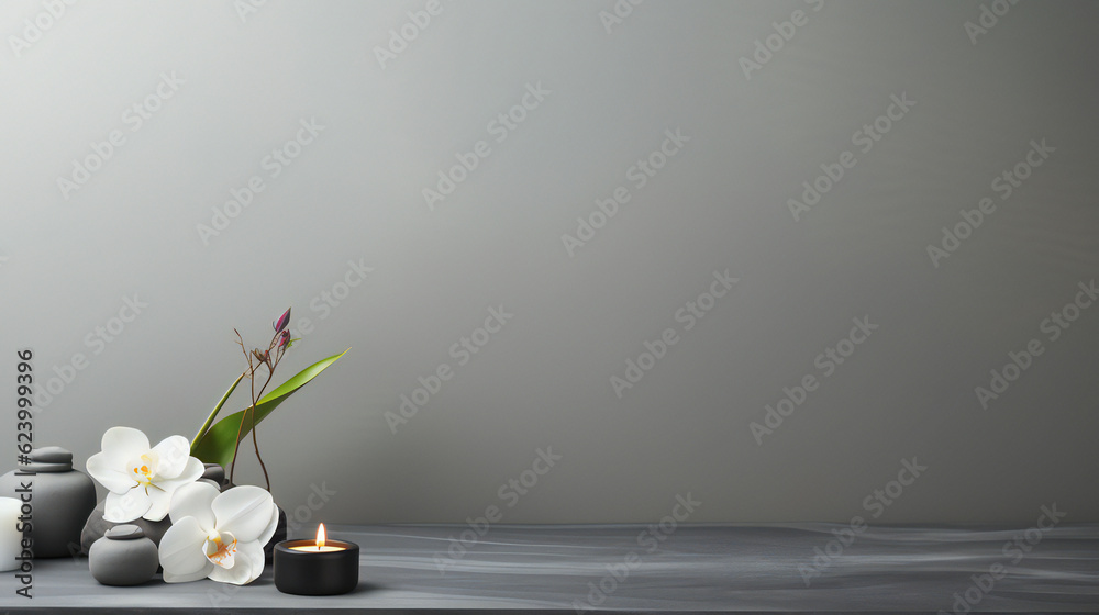 Gray Spa banner with empty copy space on the side. Generative AI. Gray Spa banner with empty copy space on the side. Generative AI.