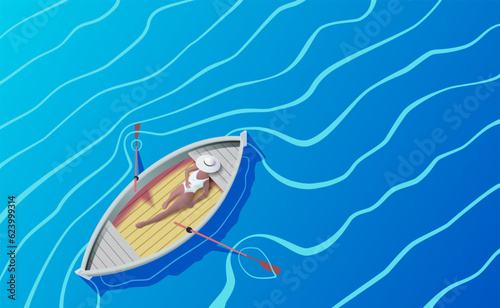Girl in a boat on the waves. Vector illustration of a boat with a girl and oars on the waves. Sketch for creativity.
