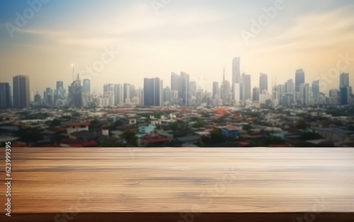 Wooden tabletop with the cityscape landscape. For montage and product display layout. The blurred landscape of the cityscape background.