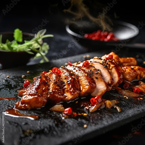 Leinwand Poster Chicken Teppanyaki, thinly sliced chicken mixed with a base of soy sauce, roughl