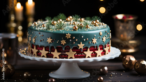Leckerer Weihnachtskuchen auf einem weißen Kuchenständer, grün, rot, mit goldenem Marzipan und Zuckerperlen dekoriert vor verschwommenem, festlichen Weihnachtshintergrund, Generative AI © Jennifer