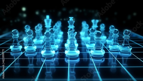 A futuristic AI-driven concept, with holographic chess pieces in a dark scene, representing optimal strategy, artificial intelligence, and the blending of human and machine