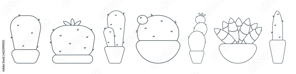 cactus needles pot line doodle set elements cactus needles pot line doodle set elements