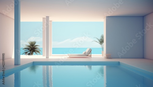 A serene and calm poolcore scene, featuring a minimalistic design. This image encapsulates the tranquility of poolside moments, evoking a sense of peace and relaxation