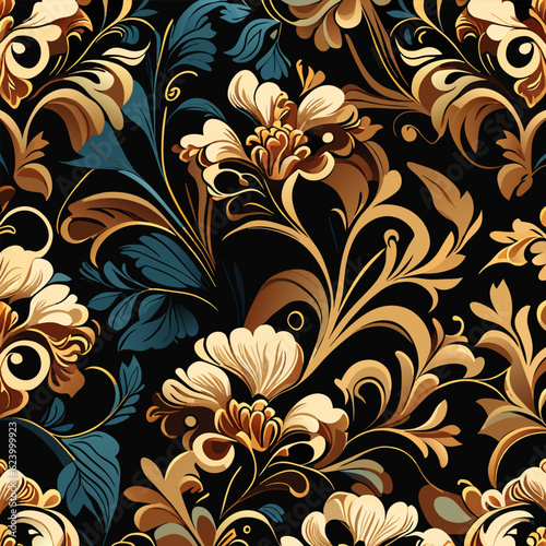 Beautiful floral seamless pattern of hand drawn flowers with decorative dark vintage with colorful background vector illustration by AI generated