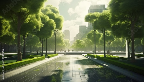 A serene green city park scene, devoid of people. The essence of urban green spaces, oases of calm amid bustling city life