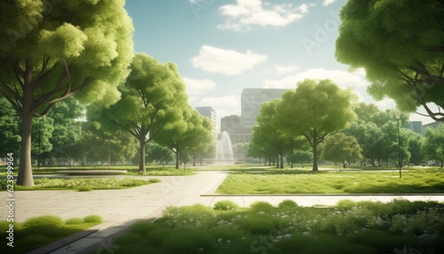 A serene green city park scene, devoid of people. The essence of urban green spaces, oases of calm amid bustling city life