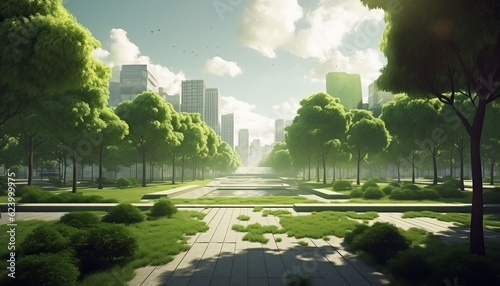 A serene green city park scene, devoid of people. The essence of urban green spaces, oases of calm amid bustling city life