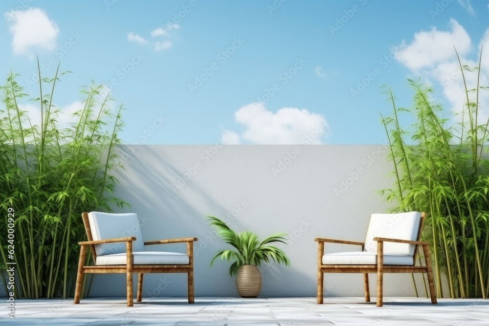 Courtyard bamboo chairs plants. Generate Ai Courtyard bamboo chairs plants. Generate Ai